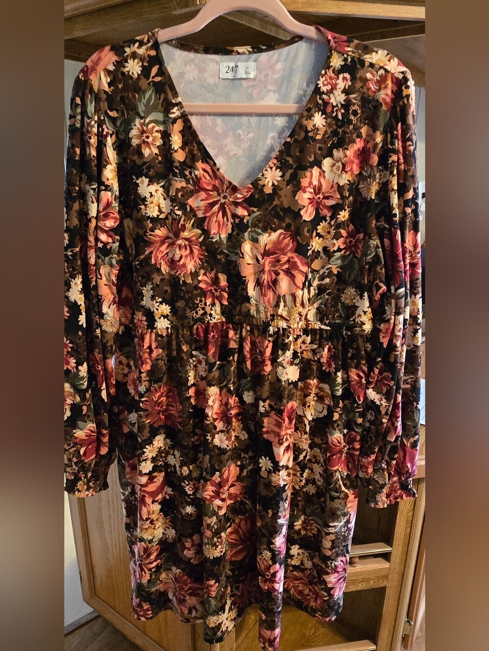 Maurices Floral V-Neck Long Sleeve Dress in Olive and Rose